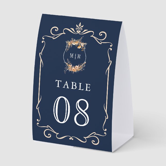 Wildflower Crest Navy Blue Wedding Table Number Paper Table Tent (Front)