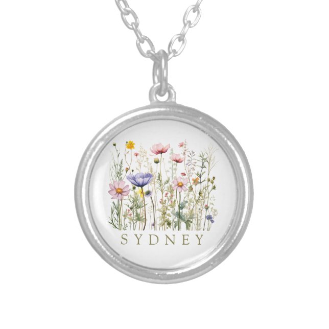 Wildflower Custom Name Silver Plated Necklace (Front)