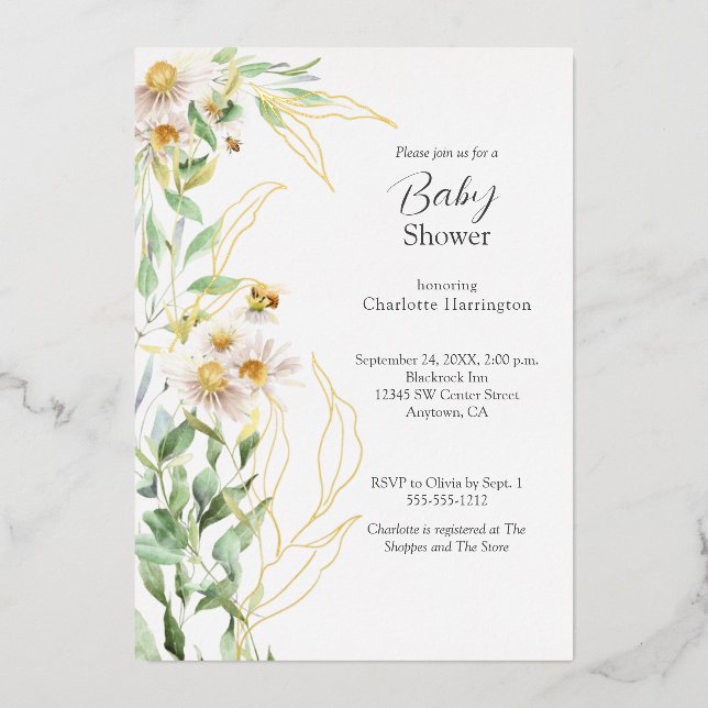 Wildflower Daisy Border Baby Shower Foil Invitation (Front)