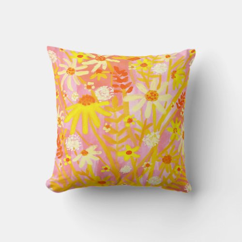 Wildflower Daisy Bouquet Watercolor Painting Throw Pillow