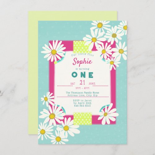  Wildflower Daisy Floral Frame Our Little Miss One Invitation