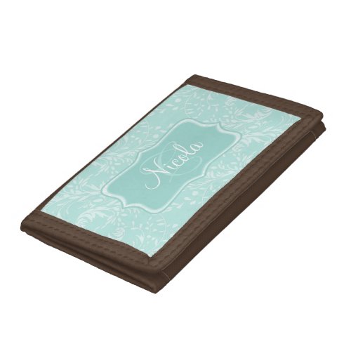 Wildflower damask patterned aqua teal name tri_fold wallet