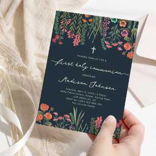 Wildflower dark blue First Holy Communion Invitation