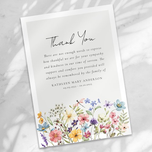 Wildflower Dragonfly Sympathy Funeral Thank You Card