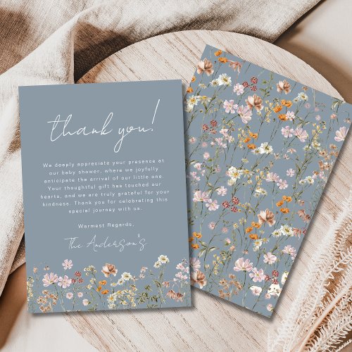 Wildflower Dusty Blue Baby in Bloom Baby Shower Thank You Card by Pretty Girly Designs