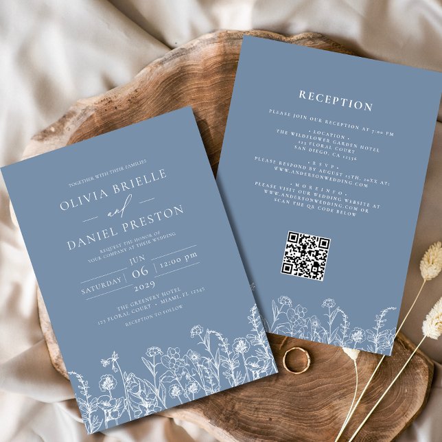 Wildflower Dusty Blue Botanical QR Code Wedding Invitation (Creator Uploaded)