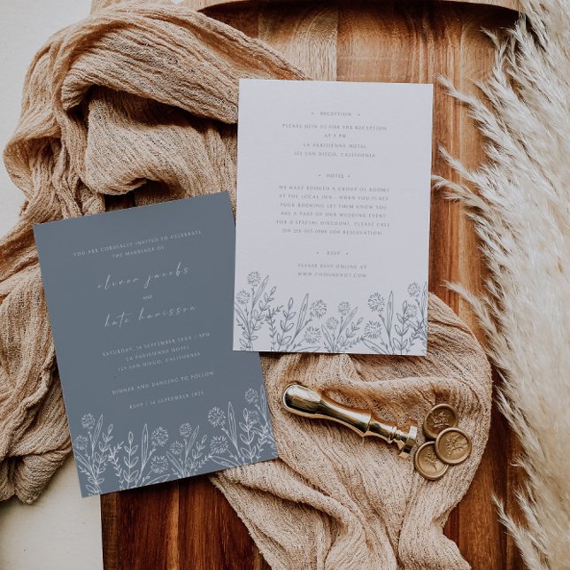 Wildflower Dusty Blue Front &  White Back Wedding Invitation (Creator Uploaded)