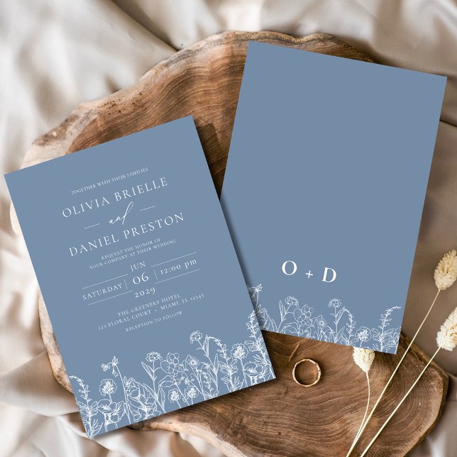 Wildflower Dusty Blue Monogram Botanical Wedding Invitation (Creator Uploaded)