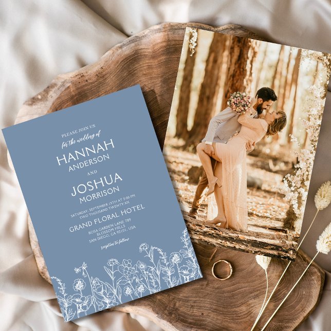 Wildflower Dusty Blue Photo Botanical Wedding Invitation (Creator Uploaded)