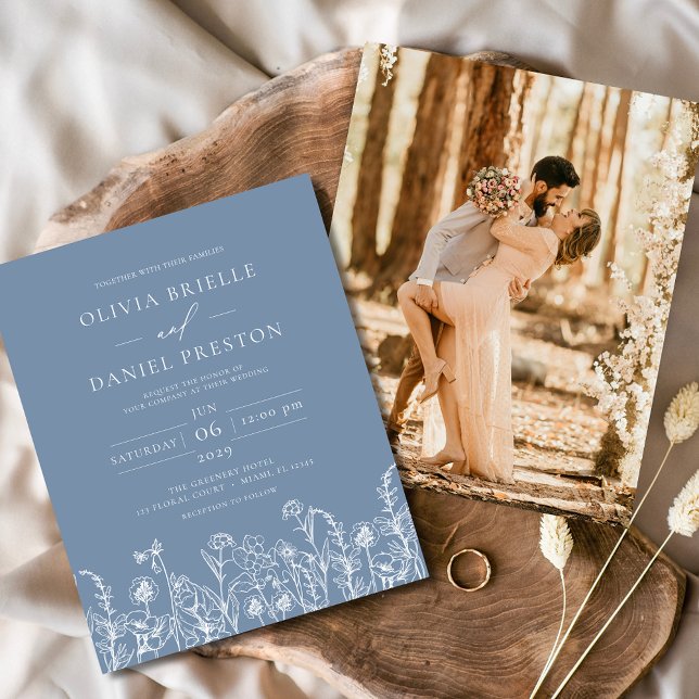 Wildflower Dusty Blue Photo Wedding Invitation (Creator Uploaded)