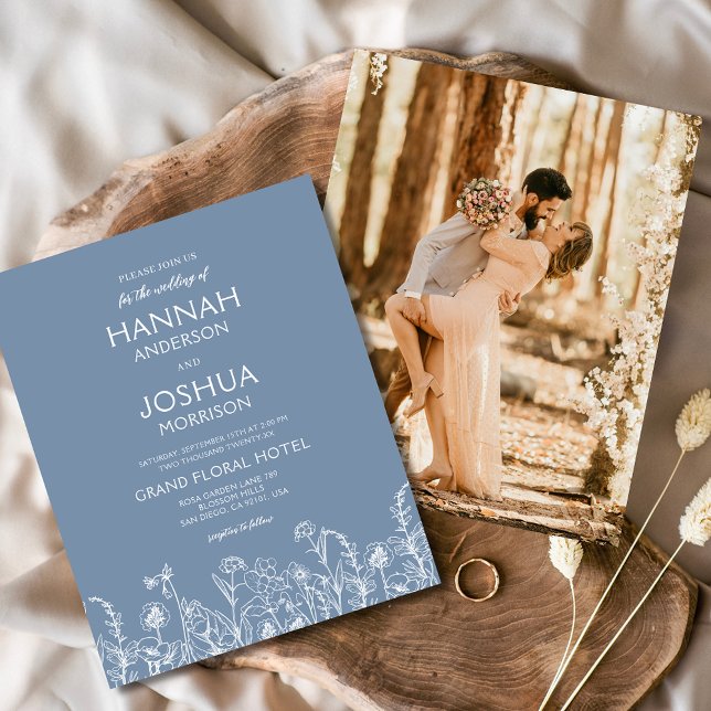 Wildflower Dusty Blue Photo Wedding Invitation (Creator Uploaded)
