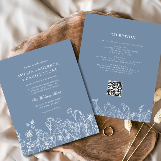Wildflower Dusty Blue QR Code Wedding Invitation Flyer (Creator Uploaded)