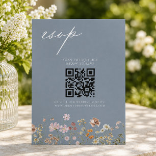 Wildflower Dusty Blue QR Code Wedding RSVP Invitation