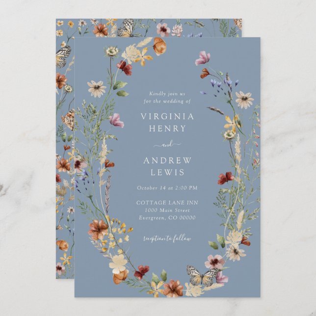 Wildflower Dusty Blue Wedding Invitation (Front/Back)