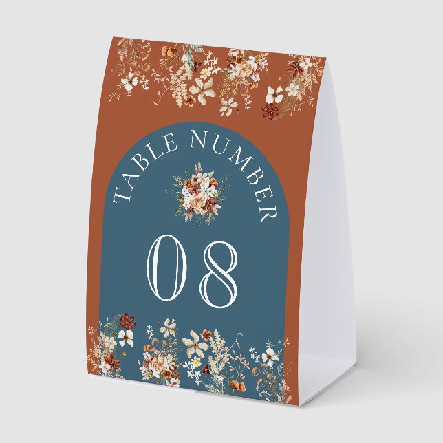 Wildflower Dusty Blue Wedding Table Number Paper Table Tent (Front)