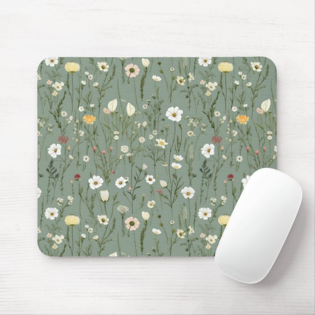 Wildflower Dusty Sage Floral Green Mouse Pad (With Mouse)