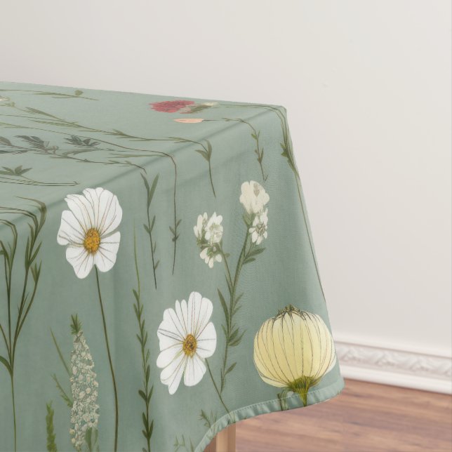 Wildflower Dusty Sage Floral Green Tablecloth (In Situ)