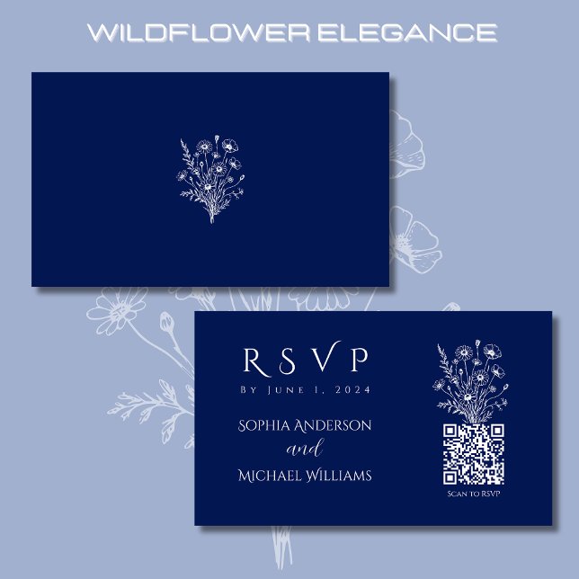 Wildflower Elegance-RSVP-QR code- Business Card (Wildflower Elegance Wedding RSVP Card with QR code-Rustic-Bohemian-Blue)