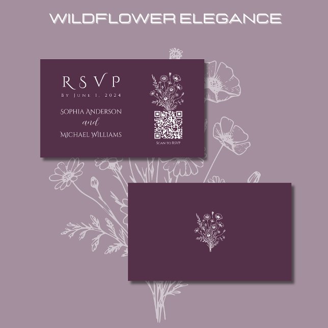 Wildflower Elegance-RSVP-QR code- Business Card (Wildflower Elegance Wedding RSVP Purple-Rustic, Country, Bohemian)