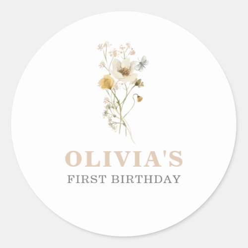 Wildflower Elegant boho garden First Birthday Classic Round Sticker