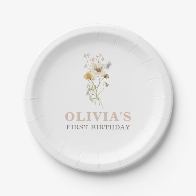 Wildflower Elegant boho garden First Birthday Paper Plates (Front)