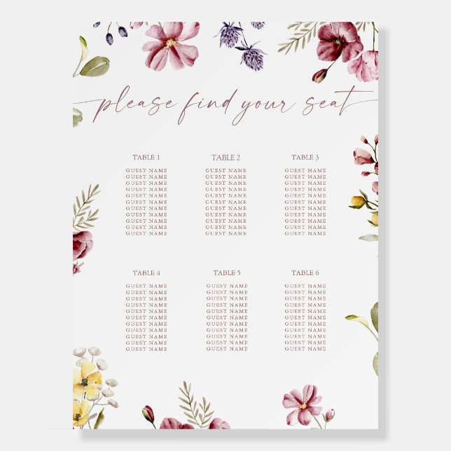 Wildflower Elegant Calligraphy Seating Chart Foam Board (Front)