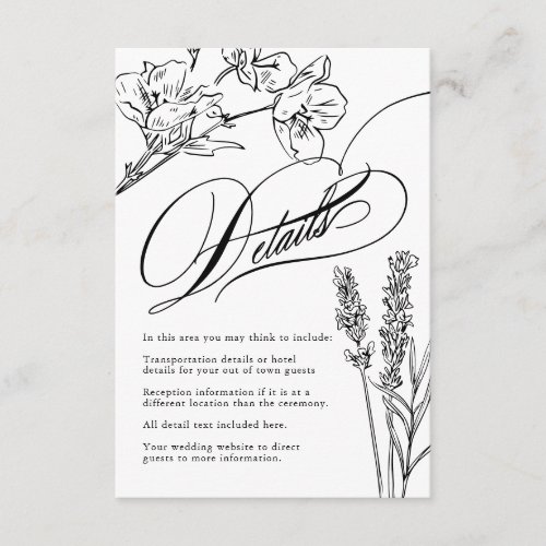 Wildflower Elegant Gothic Wedding Details Enclosur Enclosure Card