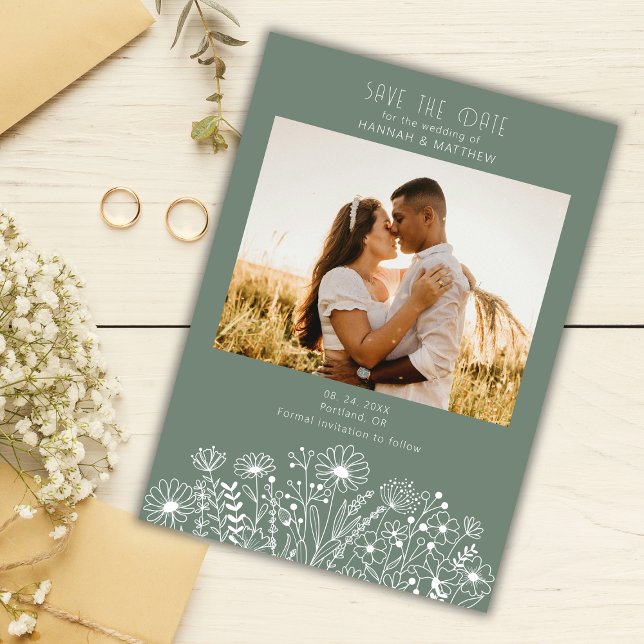 Wildflower Elegant Modern Sage Green Photo Wedding Save The Date (Creator Uploaded)