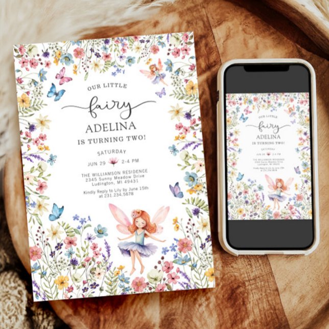 Wildflower Fairy Butterfly 2nd Birthday Invitation (Wildflower Fairy Butterfly Birthday Invitation)
