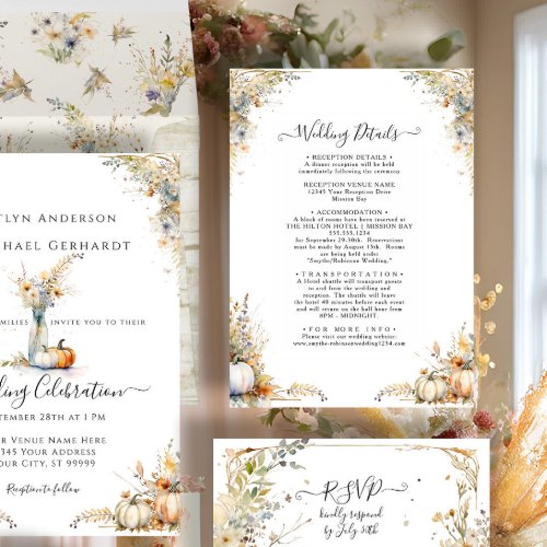 Wildflower Fall Autumn Floral Foliage Wedding Menu Invitation