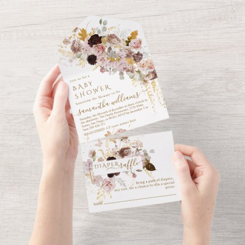 Wildflower Fall Elegant Gold Baby Girl Shower All In One Invitation