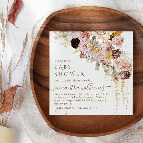 Wildflower Fall Elegant Gold Baby Girl Shower Invitation