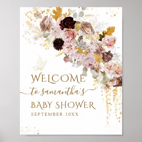 Wildflower Fall Elegant Gold Baby Girl Shower Poster