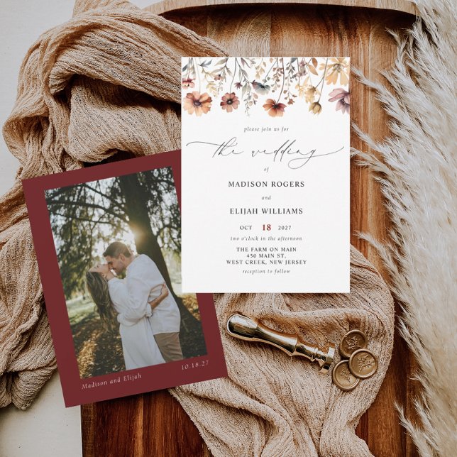 Wildflower Fall Floral Burgundy Photo Wedding Invitation (Creator Uploaded)
