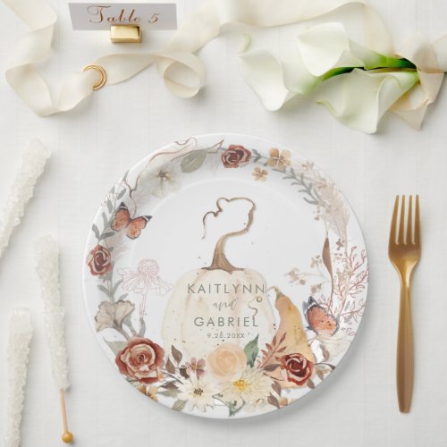 Wildflower Fall Floral Pumpkin Watercolor Wedding Paper Plates