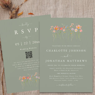 Wildflower Fall Floral Sage Green Wedding QR Code Invitation
