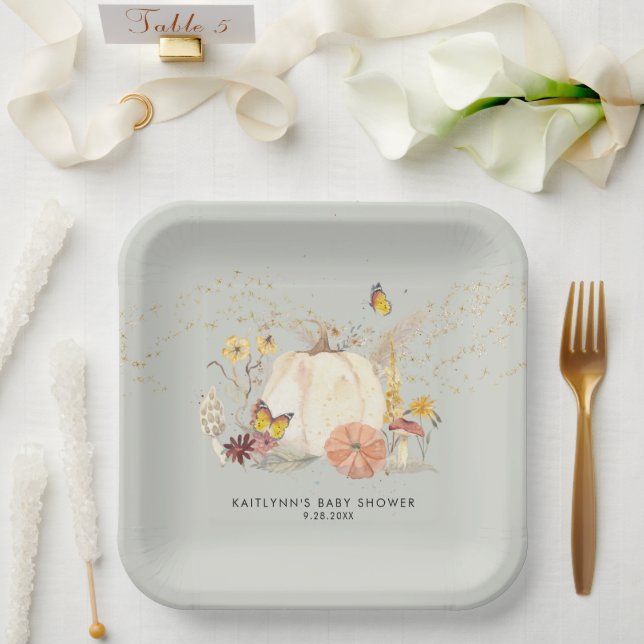 Wildflower Fall Pumpkin Mushrooms Boy Baby Shower Paper Plates (Wedding)