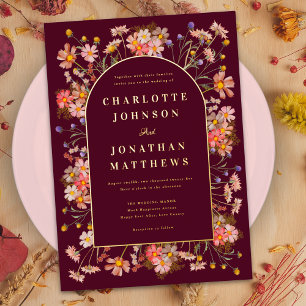 Wildflower Fall Wedding Burgundy Gold Foil Invitation