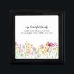 Wildflower Family Name with Kids Names Gift Box<br><div class="desc">Pretty wildflower jewelry box personalized with your custom text, such as "my beautiful family" and the first names of your kids, in-laws and/or grandchildren. The design features delicate watercolor meadow wild flowers in pink orange and yellow. It is lettered with casual modern script and whimsical typography. Feel free to change...</div>