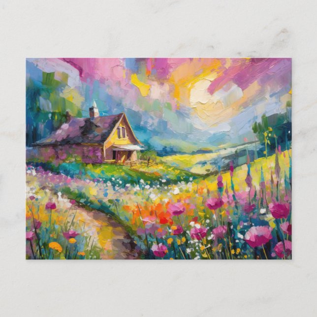 Wildflower Farmhouse Landscape Modern Abstract Art Postcard (Front)