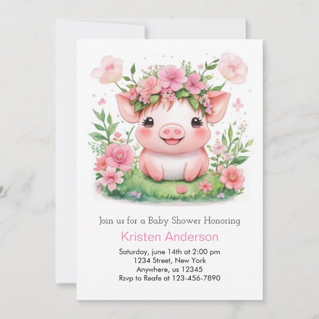 Wildflower Farmyard Piglet Girl Baby Shower Invitation (Front)