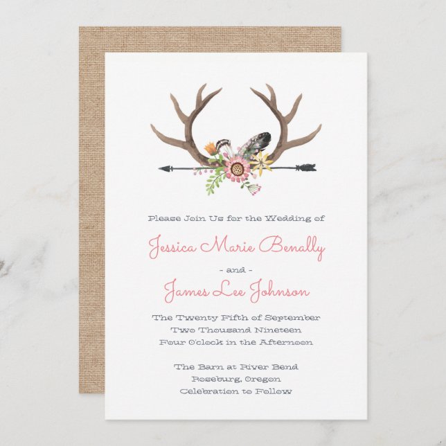 Wildflower Feathers and Arrow Wedding Invitation (Front/Back)