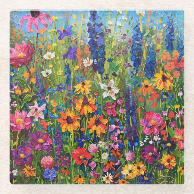 Wildflower field Acrylic painting Coaster (Front)
