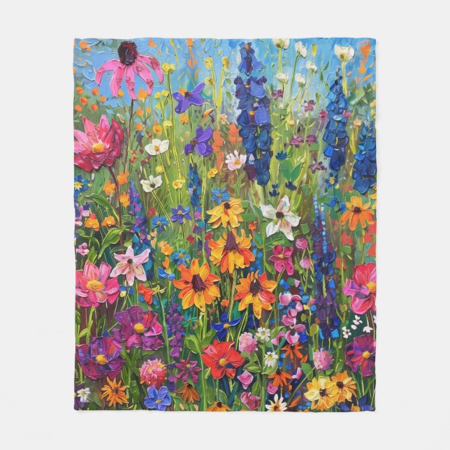 Wildflower field Acrylic painting Fleece Blanket (Front)
