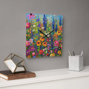 Wildflower field Acrylic painting Square Wall Clock