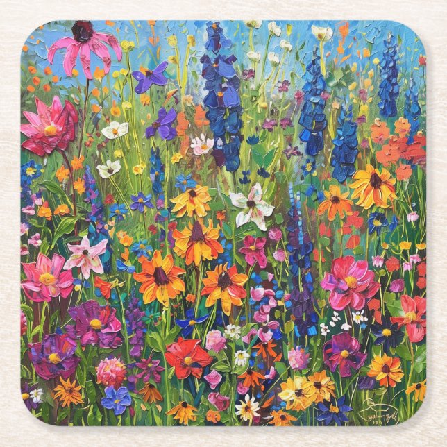 Wildflower field colourful painting square paper coaster (Front)