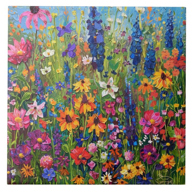 Wildflower field painting ceramic tile (Front)