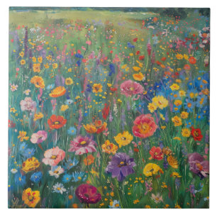 Wildflower field watercolor painting ceramic tile