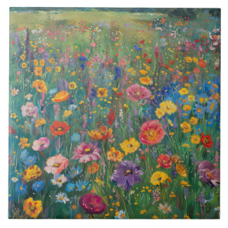 Wildflower field watercolor painting ceramic tile