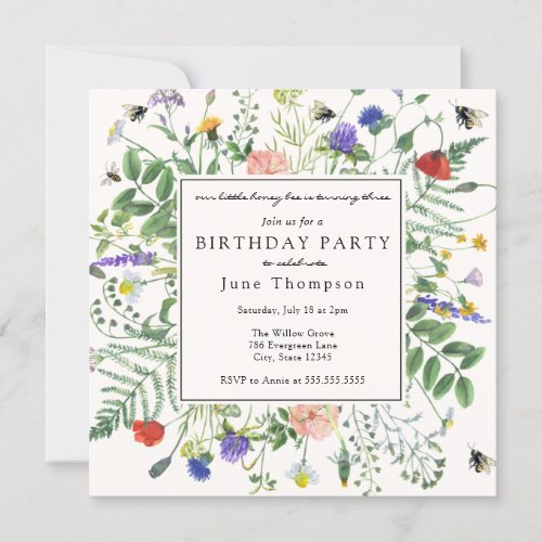 Wildflower Fields and Honey Bees Birthday Invitation